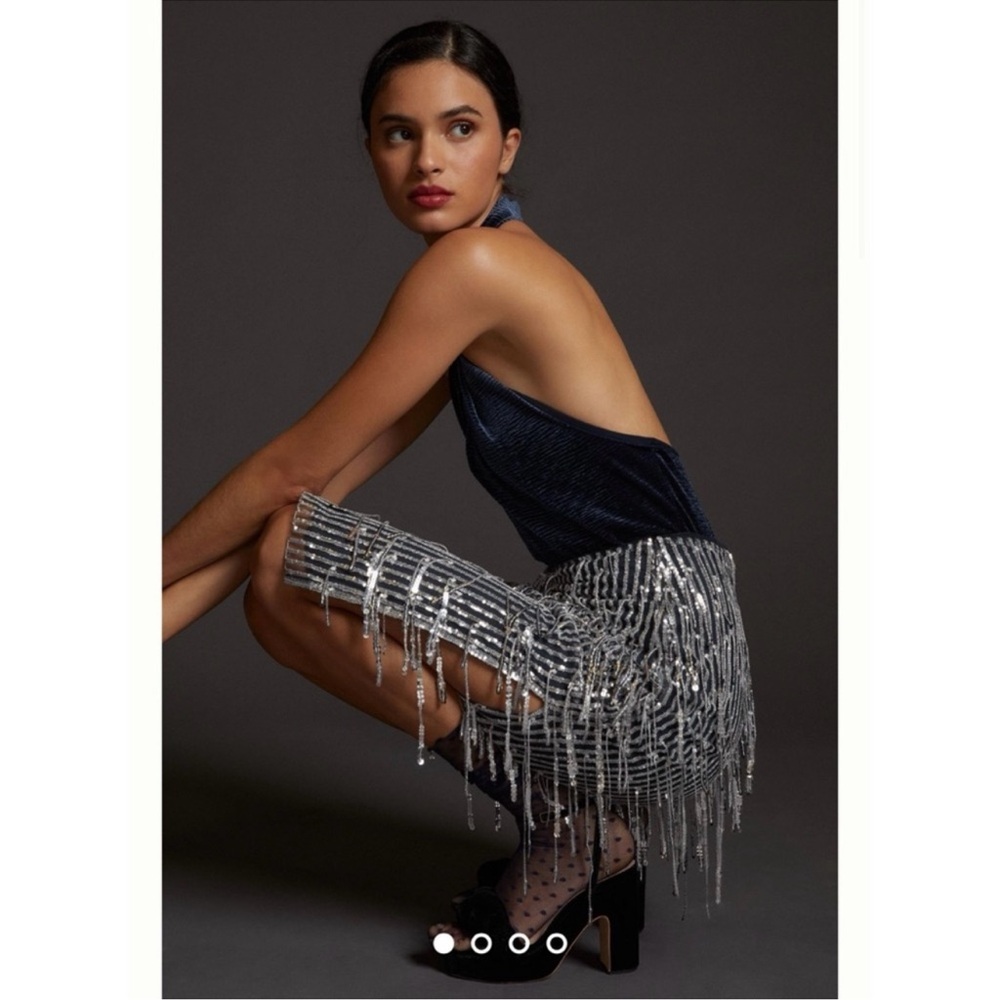 NWT Anthropologie Maeve Sequened Fringe Midi Silver Sequin Skirt Size 2